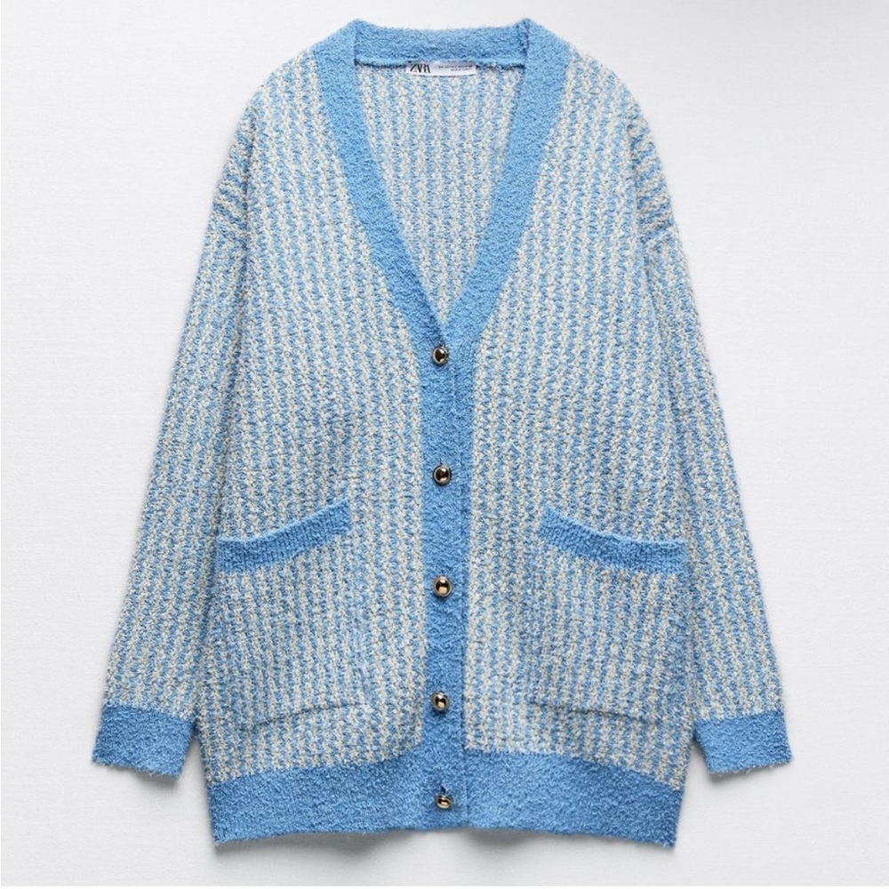 Zara Blue Ivory Gold Button V Neck Cozy Knit Sweater Cardigan XS/S